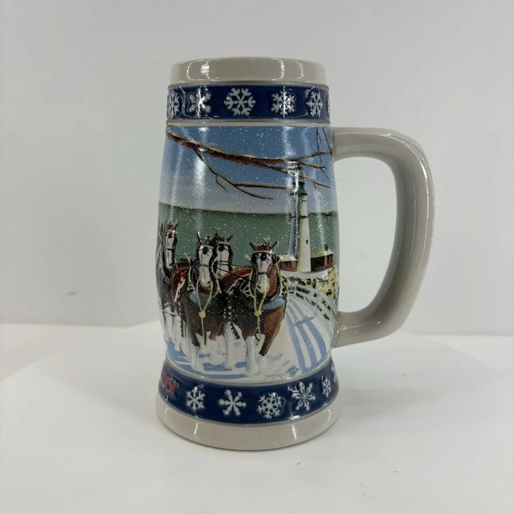 Budweiser Clydesdales Holiday Collectible Beer Stein Lot Of 2‎ Handcrafted
